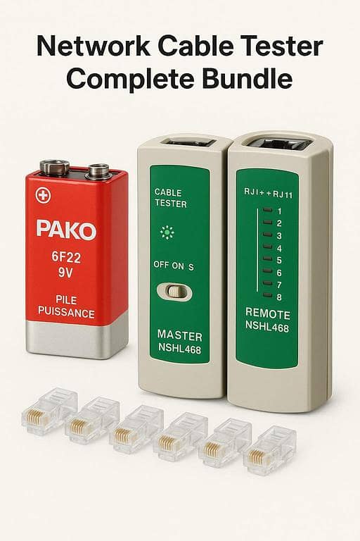 Network Cable Tester Complete Bundle (RJ45 + RJ11) – With 9V Battery & 5 PCs RJ45 Connectors