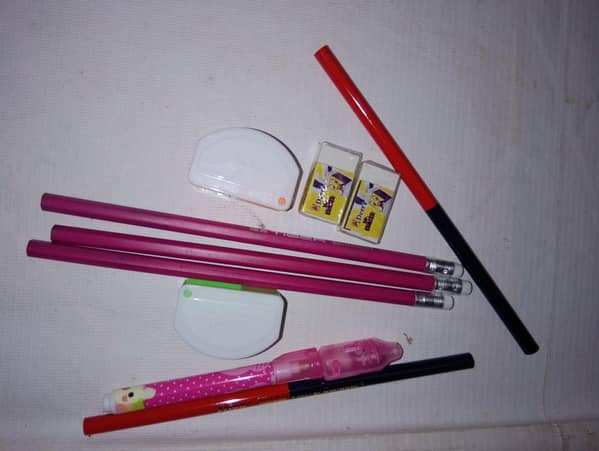 Pack of 10 Supreme Stationery Items: Cheating Lighting Pen, Pencils, Erasers, Sharpeners, and Blue/Red Mix Pencils