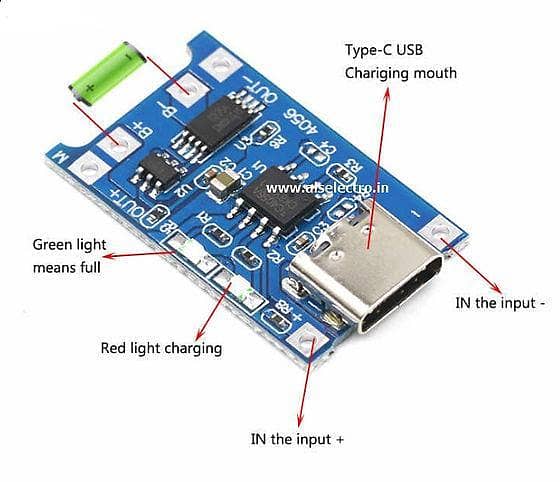 TP4056 1A Lithium-Ion Battery Charger Module with Protection Board (Micro-USB/Type-C) – 3.7V/4.2V Single-Cell