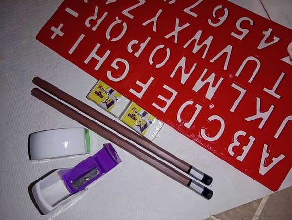 Pack of 7 Essentials: 1x ABC Scale, 2x Pencils, 2x Erasers, 2x Sharpners