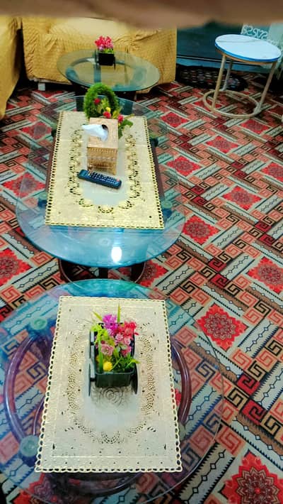 round glass and wooden tables set of 3