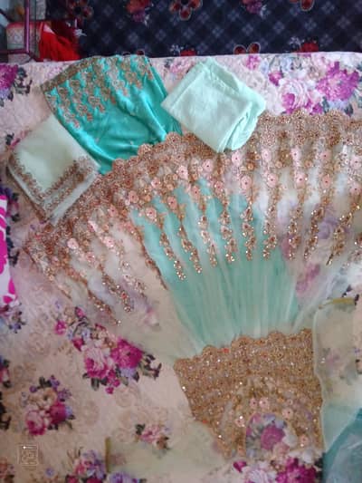 "Turquoise  Heavy embroidered Maxi with sharara,Shameez and dupatta "