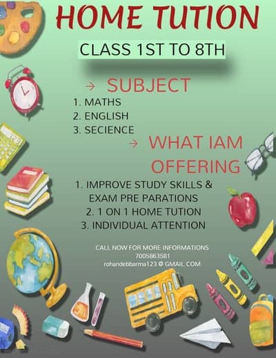 Home Tutor Available for Classes 1–8 (All Subjects)