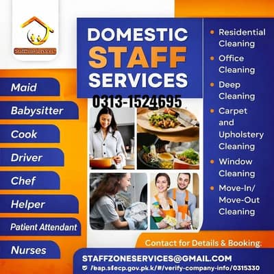 Maids/cook/chefs/babysitter/Patient Attendant /Nurse/ Nannies / driver