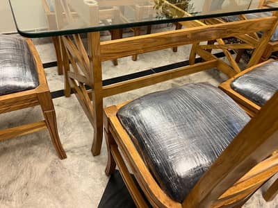 New unused 6 seater wooden dining table with 12 mm glass
