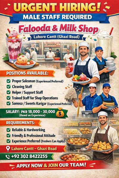 Urgent Hiring – Male Staff for Falooda & Milk Shop | Lahore Cantt