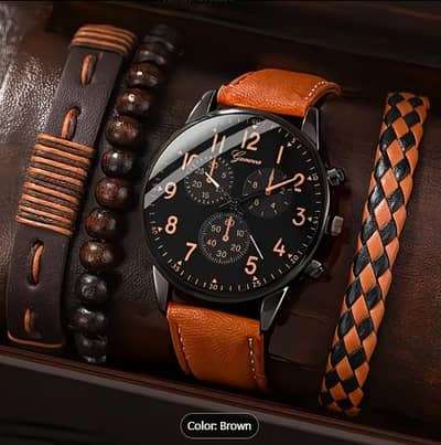 4pcs Men's Fashion Quartz Watch Set with Brown Faux Leather Strap