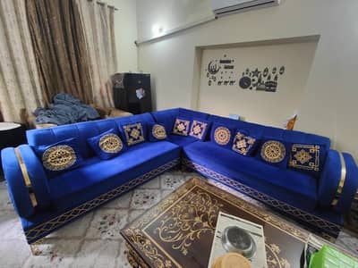 Royal Blue Velvet L-Shape Sofa Set