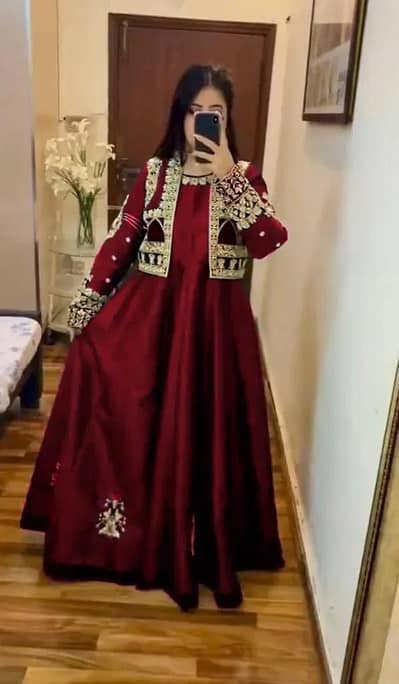 3pcs women's stitched shamoz silk embroidered maxi with jacket