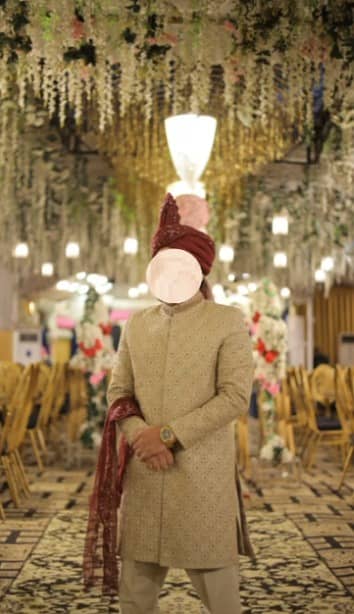 Designer Groom Sherwani – Gold/Cream Embroidered – Perfect for Weddin