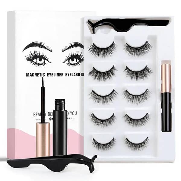 Pack of 5 Pairs Of 3D Magnetic Eyeliner Liquid Eyelashes Set Magnet Eyelashes, With Tweezer Eyelash Curlers
