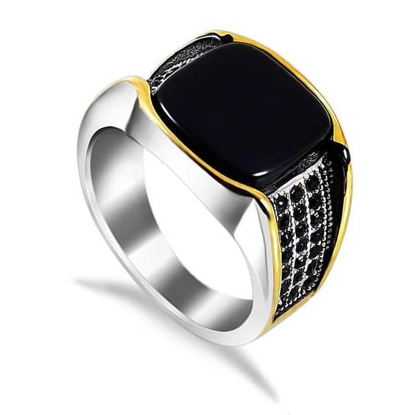 316L Stainless Steel Luxury Black Onyx Signet Ring for Men - Vintage Square Black Stone Ring - Two-Tone Gold & Silver