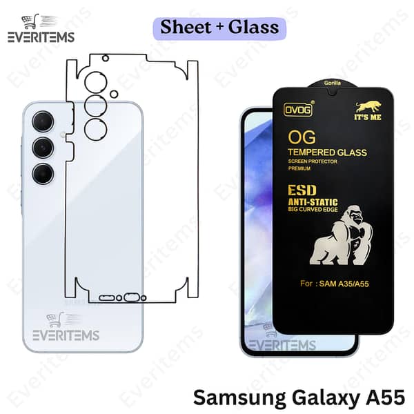 Samsung Galaxy A55 Front OG Tempered Glass + Back Hydrogel Film Combo – Full Glue HD Clear Screen Protector with Back Jelly