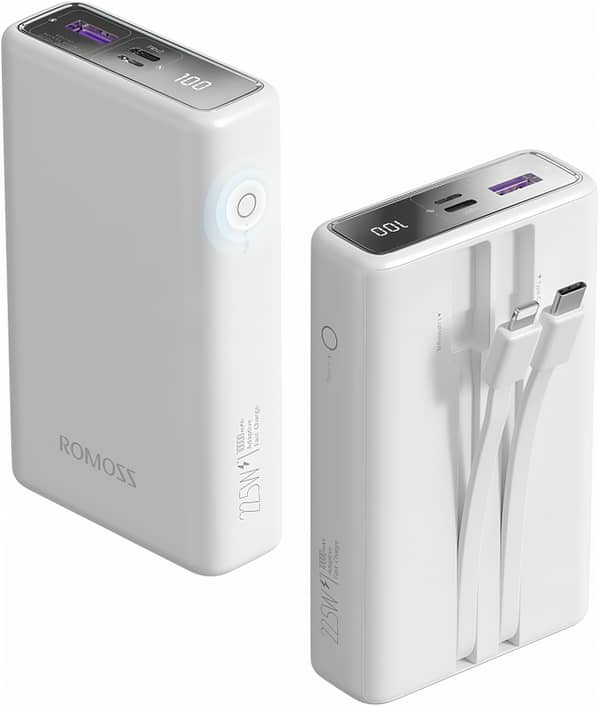 Romoss 10000mAh Built-In Cable Power Bank (White) | 22.5W PD Fast Charging with Type-C and USB-A Output