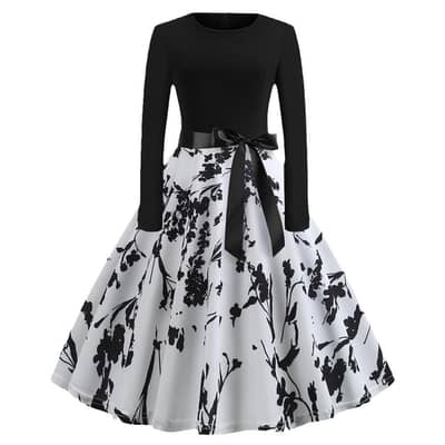 Elegant Black & White Flared Dress  Perfect Korean Fashion Style