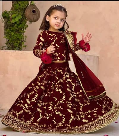 Maroon Raw Silk Embroidered 3PCs Girls Lehenga for Eid | Free delivery