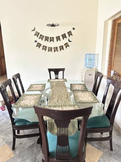 6 Seater pure  Wood Dining Table Set with Glass Top – Strong & Elegant