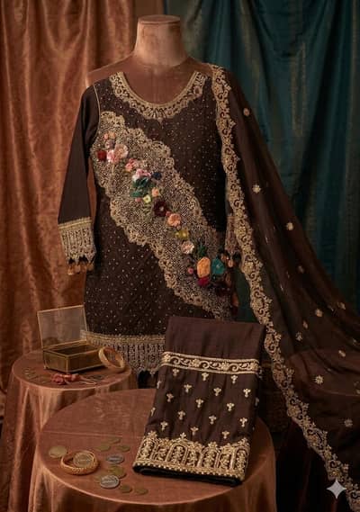 Designer Coffee Brown 3D Floral Embroidered 3-Piece Party Wear Suit