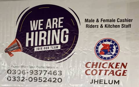 Male and female cashiers and kitchen staff and Riders