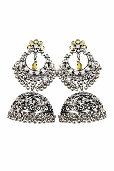 Silver Oxidized Chandbali Jhumka Earrings| Ethnic Wedding Jewelry|