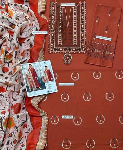 3 pcs women's unstitched Embroidered suit