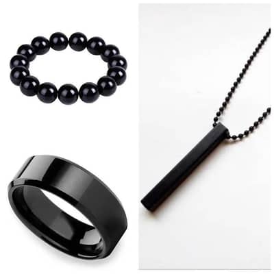 Black Vertical Bar Pendant Ring Bracelet Set for Men