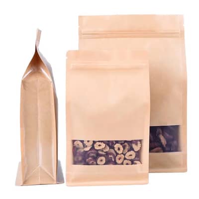 Window zipper standup Kraft paper pouch with flat bottom