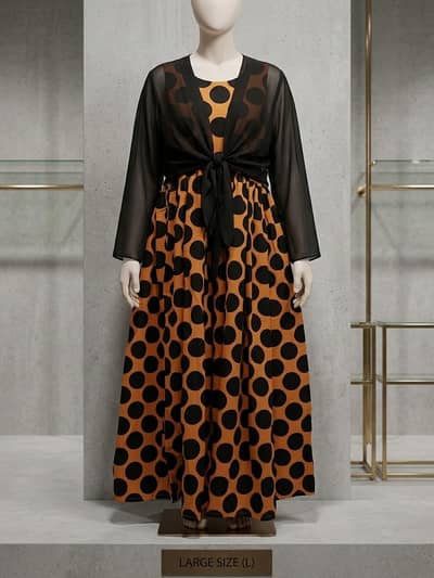 Elegant orange polka dot maxi dress with net coat, 2 pieces set