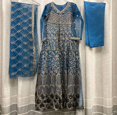 Full Embroidered Blue Maxi Suit - Long Length & Huge Flare Party Frock