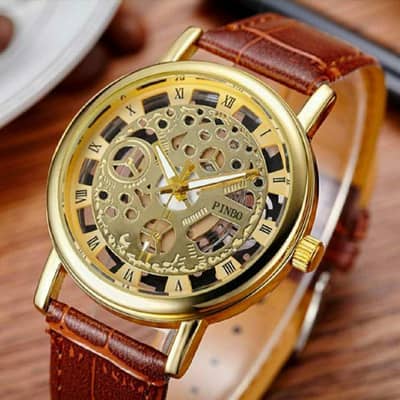 Men's Gold Tone Skeleton Watch With Brown Leather Strap