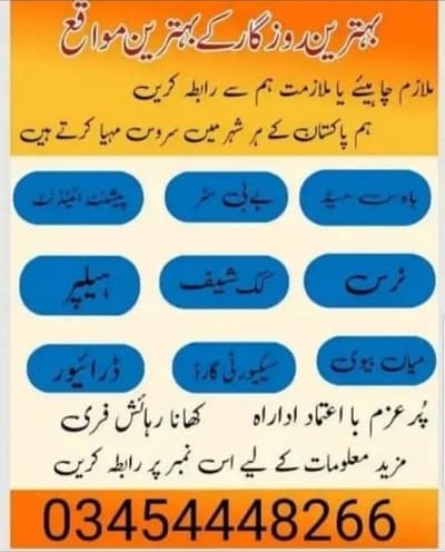 ہمیں گھریلو ملازمین خواتین اور لڑکیوں کی ضرورت ہے کھانا و رہائش فری