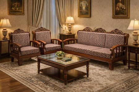 Chinyoti Sofa Set with Glass Table - 5 Seater Sofas & 3 Tables