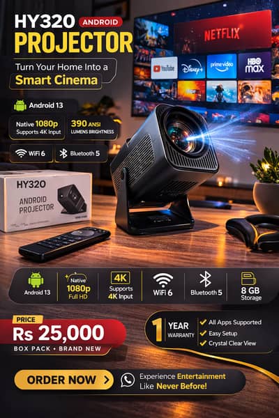 hy320 android projector full hd 1080p 4k wifi6 bluetooth 8gb storage
