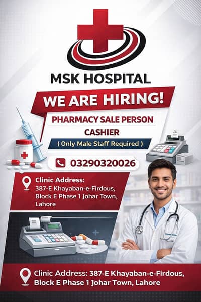 Pharmacy Salesperson & Cashier (Male Only) – MSK Hospital, Lahore