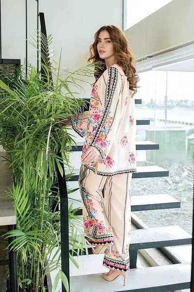 2 Pcs Women's Stitched Linen Printed Shirt And Trouser