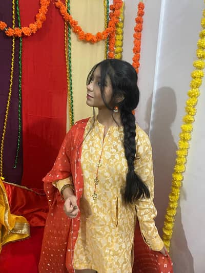 yellow kurta with red dupatta for women
