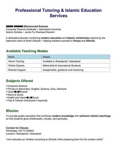 Remote/ Online  graduate as well as islamic scholar Tutor Available