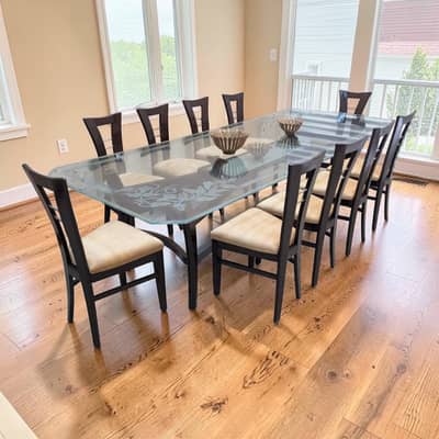 10 seater glass top dining table with etched glass top