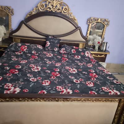 wood bed and side table