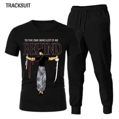 Men Black Graphic Cotton Track Suit 2Pcs XL