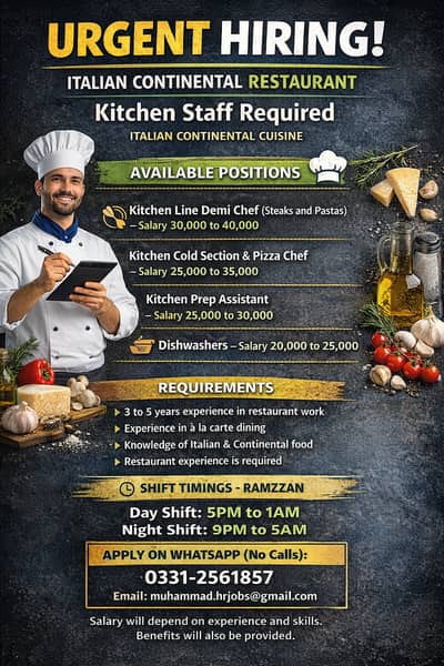 URGENT HIRING - KITCHEN STAFF - KARACHI GULSHAN