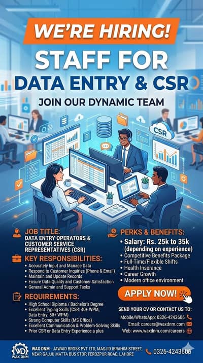 Hiring Data Entry Operators & CSR Staff – Salary 25k to 35k – Lahore