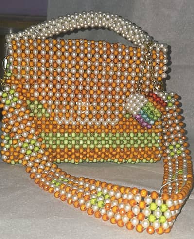 Stylish Handmade Bead Bag - Orange and Green Design