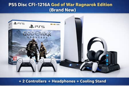 PS5 New GOW Ragnarok Edition+2 Controller+Headphone +Cooling Stand