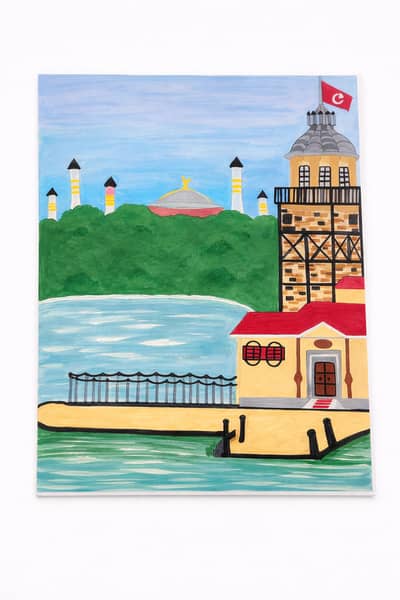 Beautiful Handmade Turkish Scenic Painting – Waterfront & Tower Art