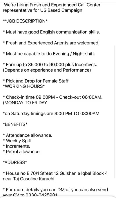 We are hiring for US based call centre