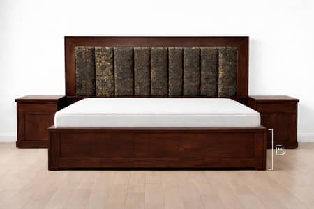 wooden bed with two side tables