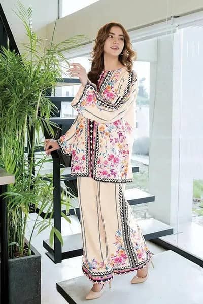 2 Pcs Women's Stitched Linen Printed Shirt And Trouser