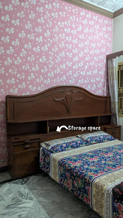 Wooden Bed with Attached Side Tables