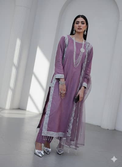 Elegant Purple Silk party  wear  Suit with Lace Work – 3 Piece